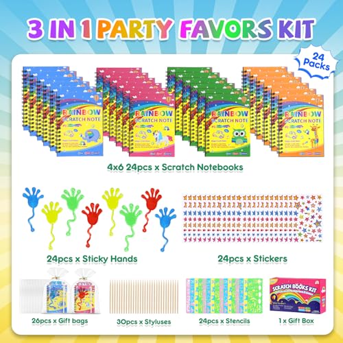 JMMICO 24*3 Pack Scratch Art Notebook+Sticky Hands+Stickers,Party Favors for Kids 4-8-12,Return Gifts for Birthday Party,Goodie Bags Stuffers, End of the Year Gifts for Students — view 2