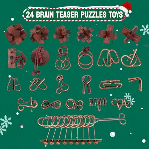 Advent Calendar 2025, Christmas Countdown Calendar Gift Box with 24 Brain Teaser Puzzles, 24 Days IQ Games Metal and Wooden Puzzles Xmas Countdown Calendar Challenge for Adults Teens Boys Girls - Thumbnail 2