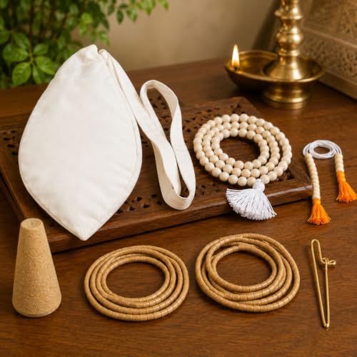 Image of Japa Mala Bag Combo Set | Complete Chanting & Meditation Kit for Daily Mantra Jaap | Pure Cotton White Gomukhi Chanting Bag with 108 Beads Japa Mala, 20 Beads Sakshi Counter Mala, 2 Round & 3 Round Tulsi Mala, Tilak Mitti & Brass Tilak Stamp