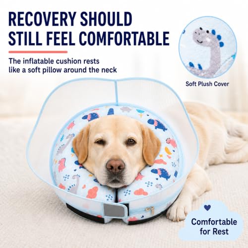 Image of Inflatable Dog Cone Collar for Large Medium Small Dogs, Soft Dog Donut Collar Adjustable Recovery Cone for Pets After Surgery, Extra Enhanced Anti-Licking Guard Shield (Dinosaur, X-Large)