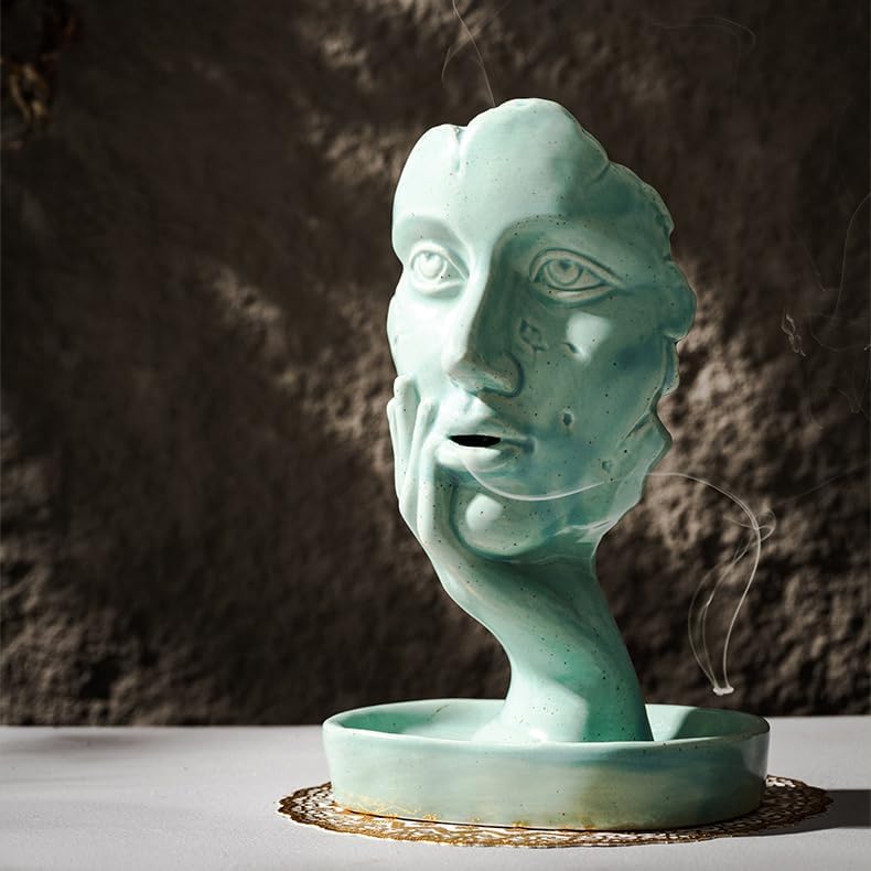 Turquoise Women Face Statue Backflow Incense Holder,Waterfall Incense Burner Holder for Sticks Cones Home Office Yoga AI0071