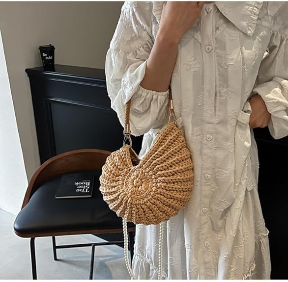 Shell Bag Seashell Bag Handwoven Crochet Shell Purse Summer Beach Tote with Pearl Strap Boho Clutch Shoulder Bag for Women - Image 3