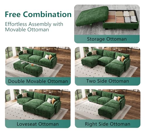 Image of Modular Sectional Sofa, 101 inch U Shaped Couch with Storage | High Resilience Foam, 22 inch Seat Depth, Movable Ottoman, Comfy Chenille, Easy Assembly, Green