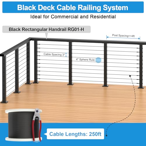 Image of 12FT-16FT Swageless Complete Set Cable Railing System with Handrails, 36 inch Black Deck Cable Railing Post Kits Includes 4Pack Level Drilled Posts, 3Pack Handrail & 250FT Wire Rope for Decks