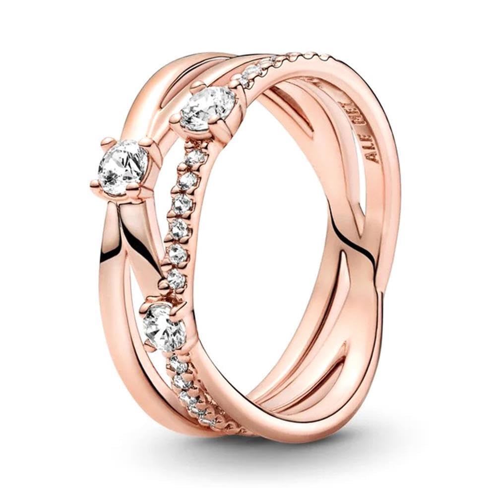 PANDORA Timeless Anillo de triple banda centelleante chapado en oro rosa de 14 quilates con circonitas cúbicas transparentes