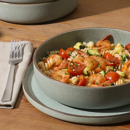 Image of Gibson Elite Gelston Stoneware Matte Reactive Glaze 16 Piece (Service for 4) Plates and Bowl Dinnerware Set - Green