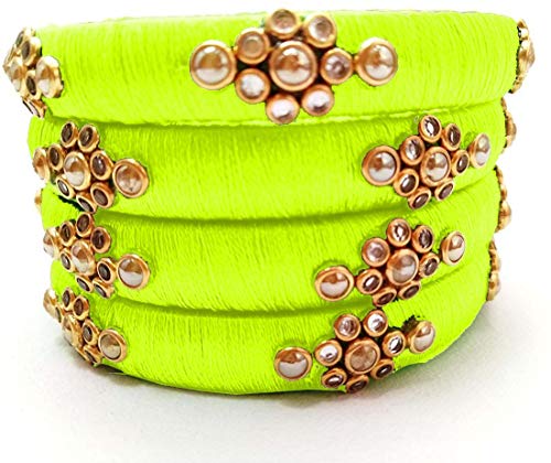 Kundan Work Dark Green Silk Bangles Set Of 4 (size-2/6)
