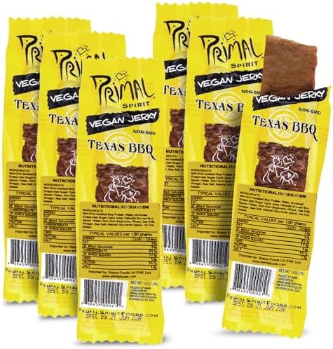 Primal Strips Texas Barbecue Vegan Jerky Pack of 6 (28gm) – Delicious Meat Alternative Healthy Snacks – Non-GMO, High Protein, Traditional Vegan Snacks