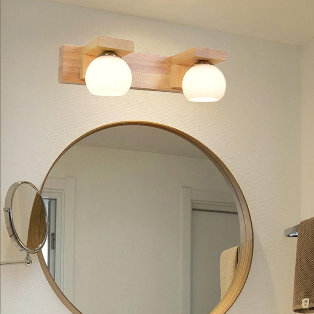 Mengjay Holz Wandleuchte Innen,Vintage Spiegelleuchte Bad Spiegellampe Badezimmer G9 Wandlampe mit Kugel Glas Lampenschirm für Schlafzimmer Flur Wohnzimmer Küche (2 Flammig)