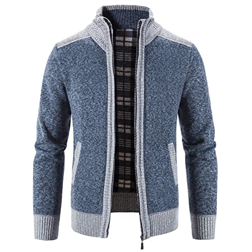 Image of Lu's Chic Men's Long Sleeve Cardigan Sweater Thermal Slim Fit Full Zip Quilted Jacket Business Casual Knit Coats Pocket