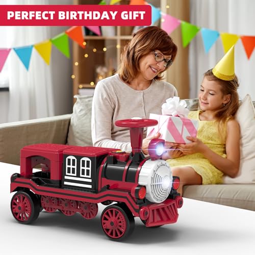 MINIATURE MOTORS 2-Seater Ride On Train, 12V Kids Electric Car with Choo-Choo Train Whistles, Bluetooth USB Music, 2 Speeds, Headlights, Anti-Rollover Device for Pretend Play Gift Kids Aged 3+ (Red)