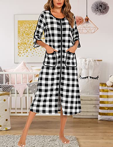 Image of Veseacky Women Robe Zipper Front House Coat 3 /4 Sleeve Nightgown Full Length Ladies Lounge Dress with Pockets S-XXL