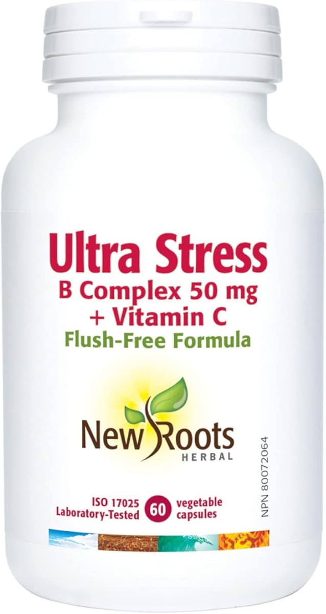 NEW ROOTS HERBAL New Roots Ultra Stress B Complex 50 mg + Vitamin C, Supports Nutrient Metabolism & Tissue Formation, Flush-Free Formula, 60 Veg Capsules 60 Day Supply