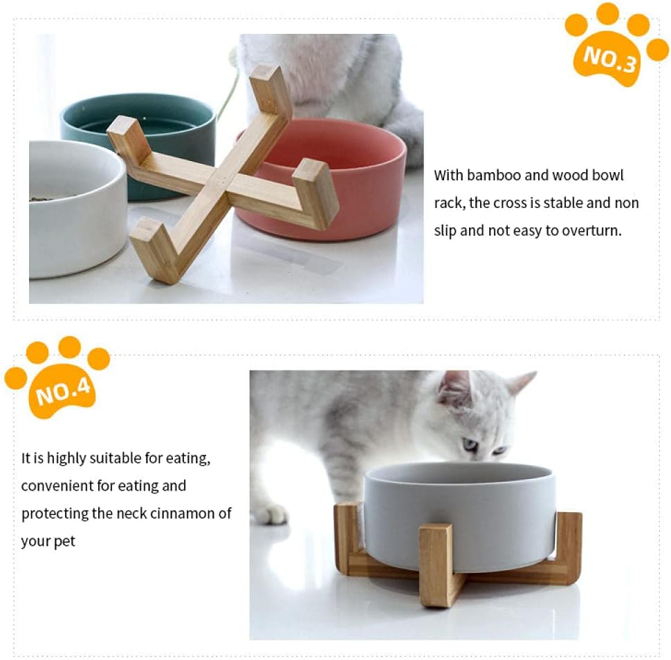 Cat Bowls and Dishes Dog Bowl Gray Ceramic Cat Bowl Puppy Food Bowl with Non Slip Wood Stand Pet Food Water Feeder for Cats Dogs Pets Bowls Supplies 850Ml