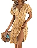 Zeagoo Vestidos Verano Mujer con Escote En V Manga Corta Vestidos Floral Volantes De Playa con Bolsillos Elegante Casual Flores Amarillo 02 M