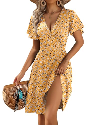 Image of Zeagoo Women's Summer Dresses Short Sleeve V-Neck Dress Floral Wrap Sundress Ruffle Sleeve A-Line Dress with Pockets Yellow Floral S