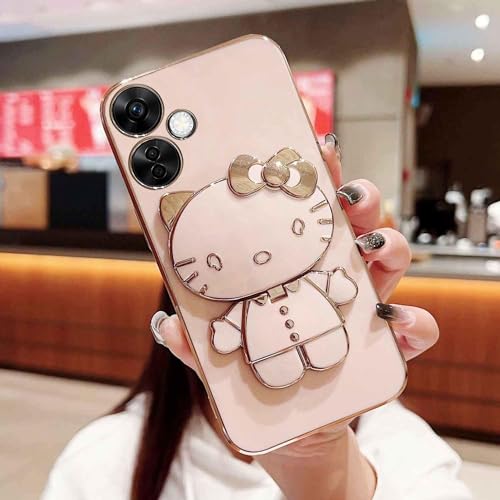 Image of KC Back Cover for Oneplus Nord CE 3 5G - Hidden Mirror Hellow Kitten Folding Bracket Kickstand Electroplated Soft Silicone Camera Protection Case - Pink