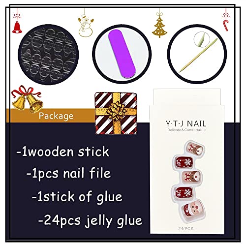 Christmas Short Square Press On Nail Snowflake Red Fake Nails Glitter Elk Snowman False Nail Glossy Acrylic Full Cover Nails Tips Christmas Gift Nail Accessories For Women And Girls 24Pcs #TOP4