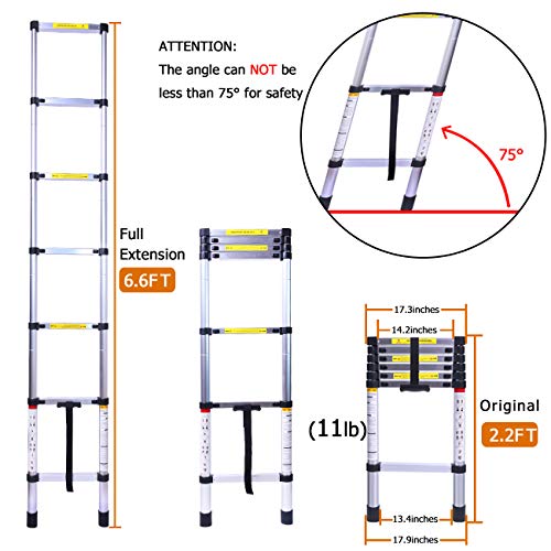 6.6FT Telescoping Ladder, Lightweight Collapsible Ladders, Aluminum Retractable Ladder, Folding Extension Ladders for RV, Loft, Attic, Home, 330LB Capacity