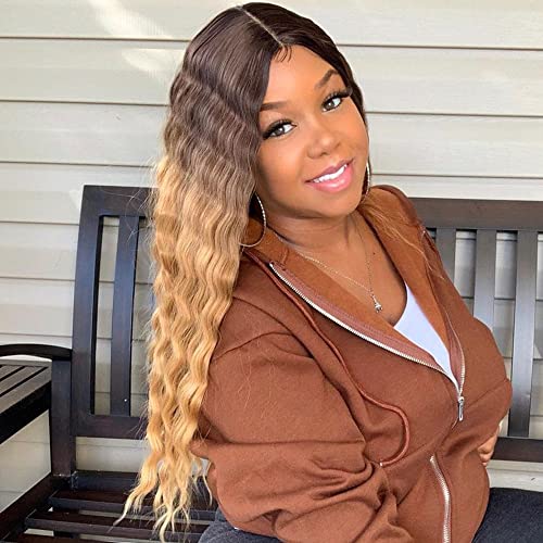 Vigorous Blonde Long Wigs for Women Heat Resistant Fiber Synthetic Long Wavy Ombre Blonde Wigs Daily Use Lace Curly Wavy Wigs