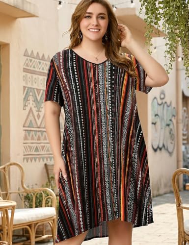 Image of OVERWORETY Womens Short Sleeve Plus Size T-Shirt Dress V Neck Casual Loose Swing A-Line Summer Tunic Dresses with Pockets