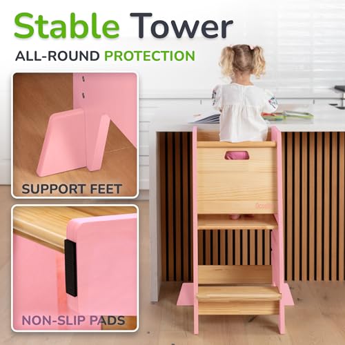 Toddler Tower with a Sliding Door and 3 Adjustable Heights - Complete Toddler Kitchen Stool Helper with Support Feet - Safe Design for 18+ Months to 6-Year-Old Kids - Pink