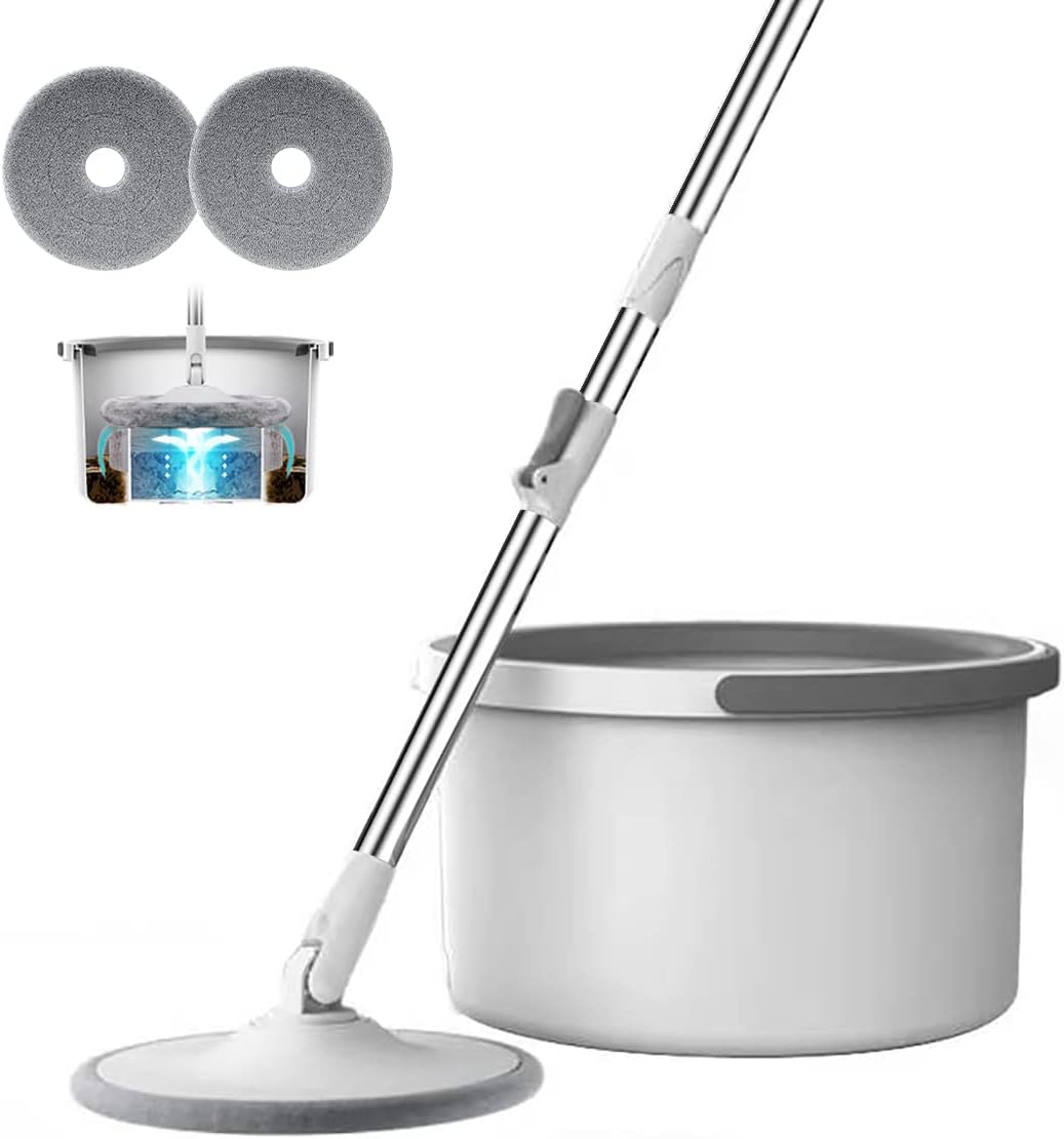 Spin Mop and Bucket Set 360°Flat Mop with with Self Separation Dirty and Clean Water System 2Pcs Microfiber Pad Extended Handle for All Types of Floor Cleaning