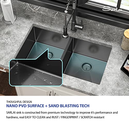 33 Black Kitchen Sink Double Bowl - Sarlai 33 Inch Undermount Sink Stainless Steel 16 Gauge Gunmetal Black Double Bowl 50/50 Divide Under Counter Kitchen Sink Basin #TOP4