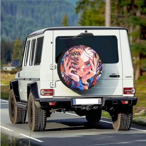 Image of Anime Girl Spare Tire Cover PU Leather, Wheel Protectors Universal for Trailer RV SUV Truck Camper Travel, Available in 5 Sizes from 14 to 18 Inches, 17 inch Fits Tire Diameter 31.6 inch-32.5 inch