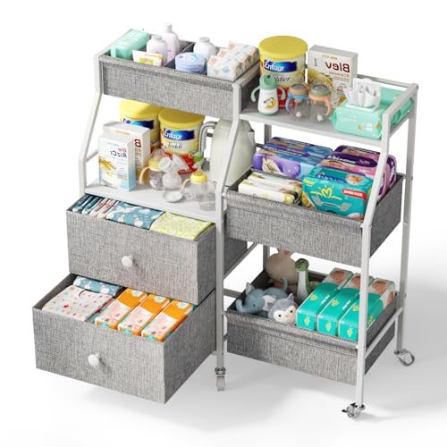 Image of DTK Baby Diaper Caddy Organizer, 3 Tier Rolling Diaper Cart with Dividers and Drawers, Mobile Utility Baby Storage Cart with Wheels, Baby Newborn Essentials for Nursery, Bedroom, Charging Table，Crib