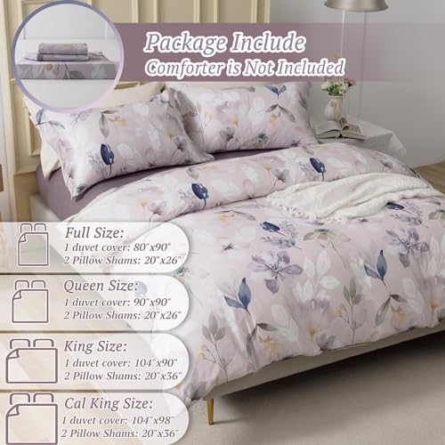 MILDLY 100% Long-Staple Cotton Duvet Cover Set Light Gray Pink Floral Leaf Pattern Printed Comforter Cover 3pcs, Ultra Soft & Breathable Bedding Set