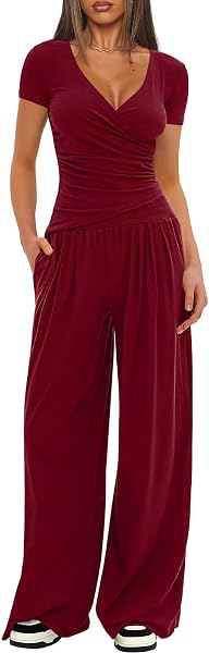 LIAMERHE Set Due Pezzi Donna Estivo Casual Manica Corta Scollo a V a Portafoglio e Pantaloni Larghi a Vita Alta con Tasche Tuta Sportiva Elegante Completo Loungewear e Abbigliamento da Casa - 1