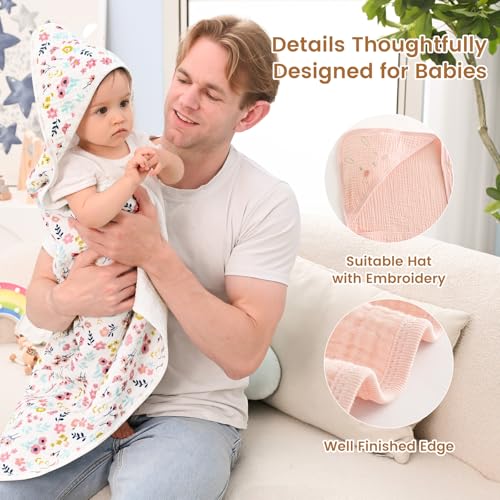 Image of david's kids 2 Pack Hooded Baby Towels, Large 32 inchx32 inch, 6 Layer 100% Muslin Cotton Highly Absorbent Girl Bath Towel for Newborn, Infant, Toddler, Soft and Breathable Baby Essentials, Floral & Butterfly