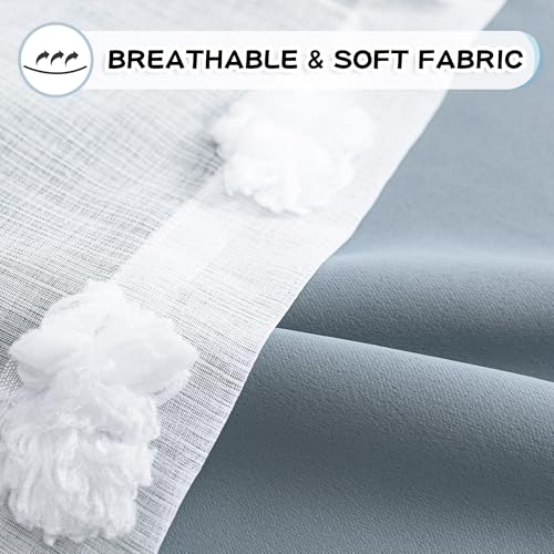 Image of MYSKY HOME Dusty Blue Curtains for Bedroom & Kids Room - 54 Inch Long, Double Layer, White Pom Pom, Sheer, Grommet, Darkening, Small Window, 2 Panels, 52 x 54 in