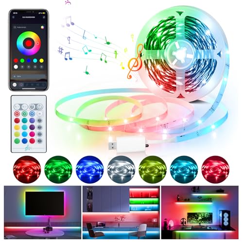 LED Strip Lights 10M, Dimmable 5050 RGB LED Lights Strips with IR Remote and APP Control, Music Sync Color Changing TV Backlight, USB Self-adhesive RGB Lights Kit for Home TV PC Monitor Party DIY