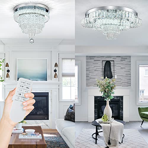 Hongnuofc 16" +21" Crystal Chandeliers With Remote Control Led Modern Flush Mount Ceiling Light Fixture Round Ring Luxury Chandelier For Living Room Bedroom Dining Room Entryway #TOP14