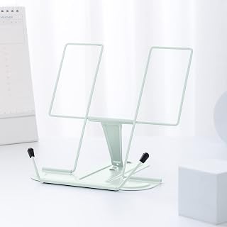 MSDADA Metal Book Stand for Desk, Adjustable Reading Rest Book Holder, Portable Cookbook Documents Holder, Sturdy Typing Stand for Recipes Textbooks Tablet Music Books with Page Clips (Macaron Green)
