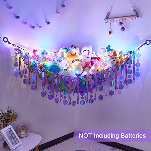 Image of FIOBEE Stuffed Animals Hammock Net Toy Storage Organizer with LED Light, Stuffed Animals Storage Girls Room Decor Wall Hanging with Sequins for Kids Bedroom Nursery Playroom, Purple