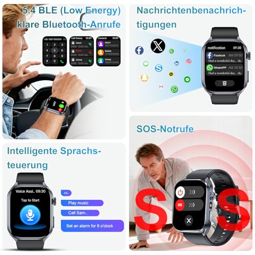 2026 Neu KI-GPT Smartwatch Herren mit EKG/ΒΙυtzυcker/ΒΙutdruck 2.0Gesundheitsuhr mit Harnsäure/BMI/Pulsuhr/HRV /Herzfrequenz,SpO2,Schlaf,Apnoe-Monitor,Bluetooth-Anruf,SOS,IP68+Wasserablass,LED-Licht