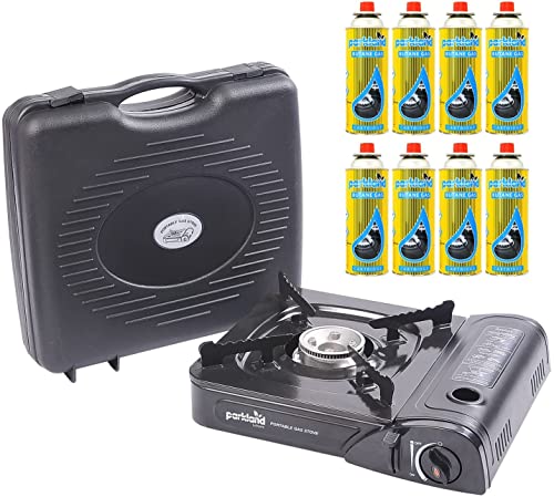 STOREX Portable Single Burner Hob Camping Gas Stove Cooker Automatic Ignition System Enamel Pan Holder Butane BBQ with 8 Refill Cans