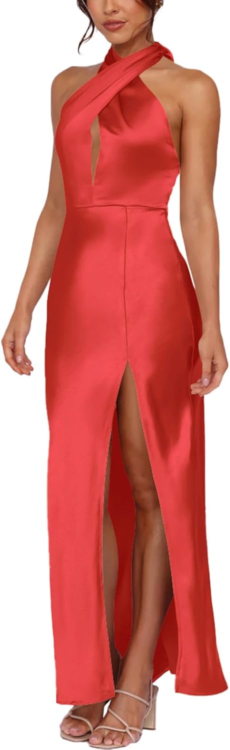 firfig Women's Halter Satin Dress Crisscross Sleeveless Midi Cocktail Party Dress Backless Split Formal Evening Dresses - Image 4