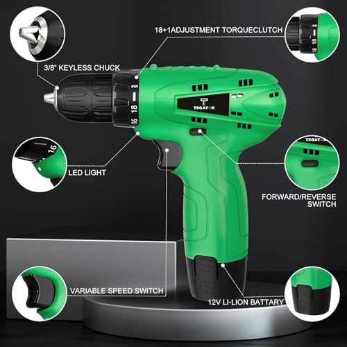 Image of Tegatok Cordless Drill Set,12V Power Drill Set with Battery and Charger, Electric Driver Drills Bits, 3 /8'' Keyless Chuck,18+1 Torque Setting with LED Electric Drills Set
