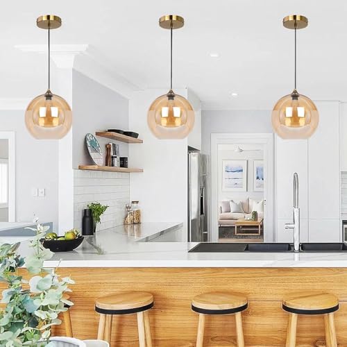 Image of 3 Pack Amber Glass Shade Replacements, Globe Glass Lamp Shade Covers for Light Fixtures, 1.65 In Fitter 5.1 In Height 5.9 In Diameter Globes Lampshades for Wall Sconces Chandelier Pendant Lights