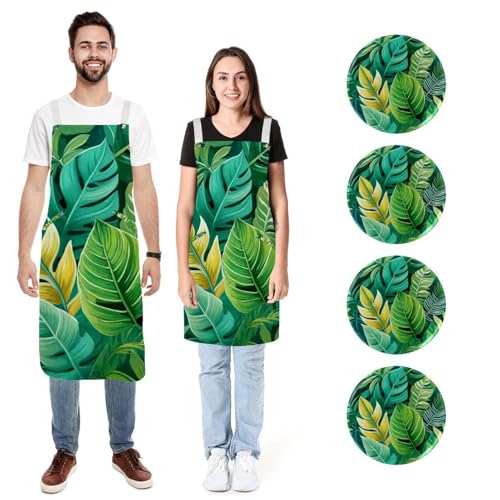 Lot de 2 tabliers de cuisine imperméables à motif feuille verte tropicale avec poches