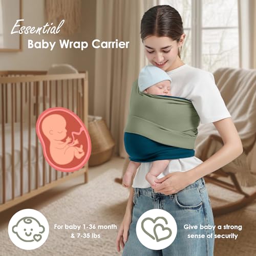 Image of Baby Wrap Carrier, Lightweight Baby Wearing Wraps for Newborn and Infant, Soft Swaddle Holder Carrier, Cozy Baby Sling 7-35 lbs Blue+Green