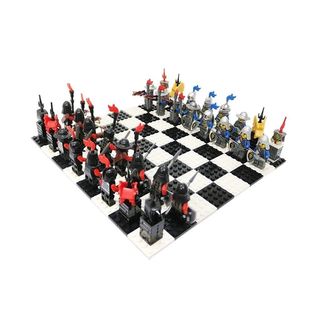 Gioco di scacchi fai da te con mattoncini, Cavaliere d'oro contro Cavaliere scheletro, classico gioco educativo for le capacità cognitive scacchiera portatile(02)