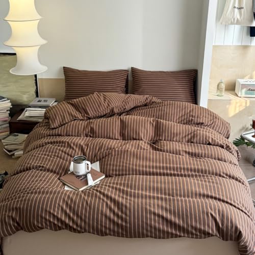 Image of Striped Duvet Cover Twin Size Brown Vertical Stripes Comforter Cover Set Retro Stripes Soft Breathable Microfiber Bedding Set for Girls Boys with Zipper Closure and 1 Pillowcase