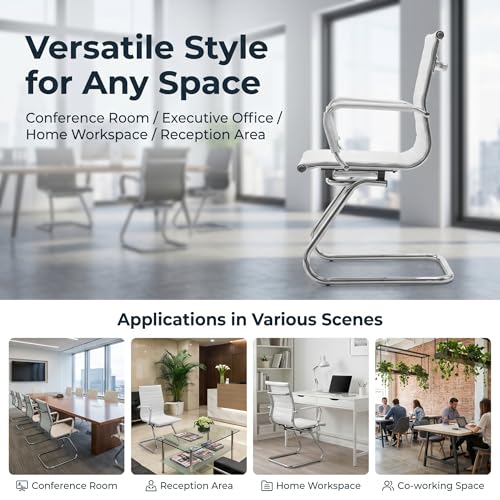 Image of HNY Leather Office Guest Chairs & Reception Chairs Set of 8, Modern Waiting Room Chairs with Arms, Desk Chair no Wheels with Sled Base for Waiting Room /Conference Room, White