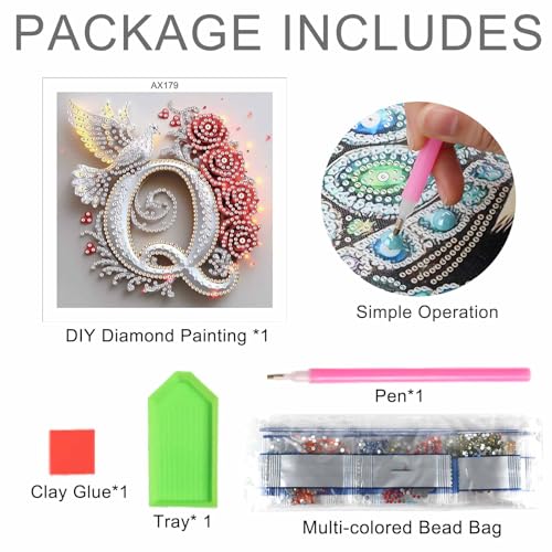 Image of AiYuanzsh 5D Diamond Art Kits for Adults Letter Q, Quaint Rose & Dove Alphabet Special Shape Diamond Painting Kit, DIY Luxury Diamond Art for Home Decoration and Valentine's Day Gift 17x17cm