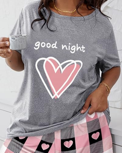 Plus Size Womens 2 Pieces Short Sleeve Letter Print T Shirt and Shorts Cute Heart Print Causal Set For Daily3